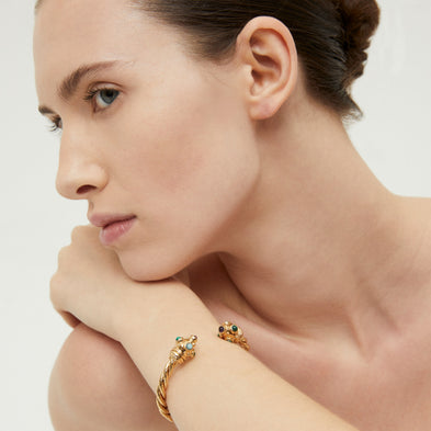 Pulsera tipo brazalete « Amarante  » deTorsade , dorada - Amatista y jaspe verde