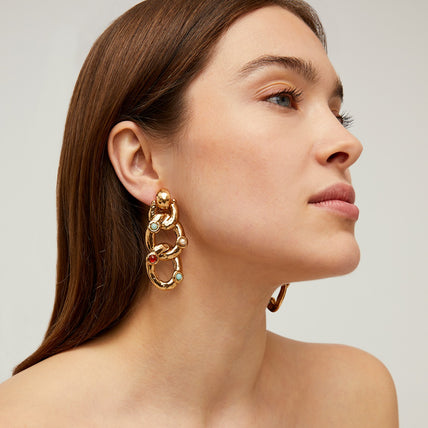 Boucles d'oreilles Mitsi grand modèle dorées - Cornaline, Amazonite & Nacre blanche