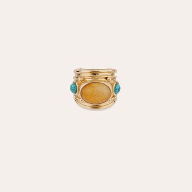 Bague Simone dorée - Hématoide jaune & Turquoise