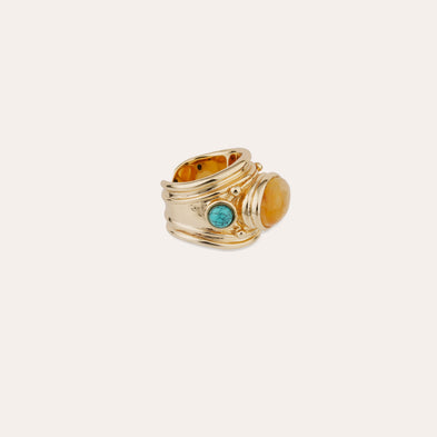 Bague Simone dorée - Hématoide jaune & Turquoise