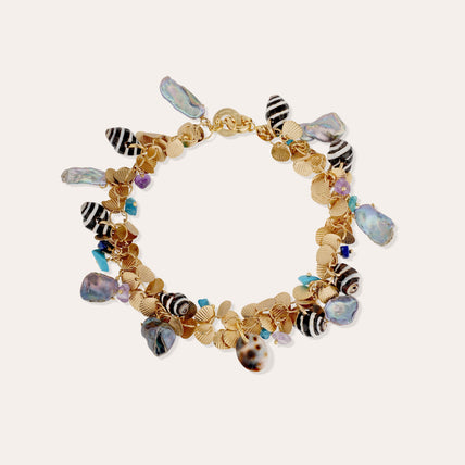 Bracelet de cheville Coki doré - Turquoise & Nacre grise