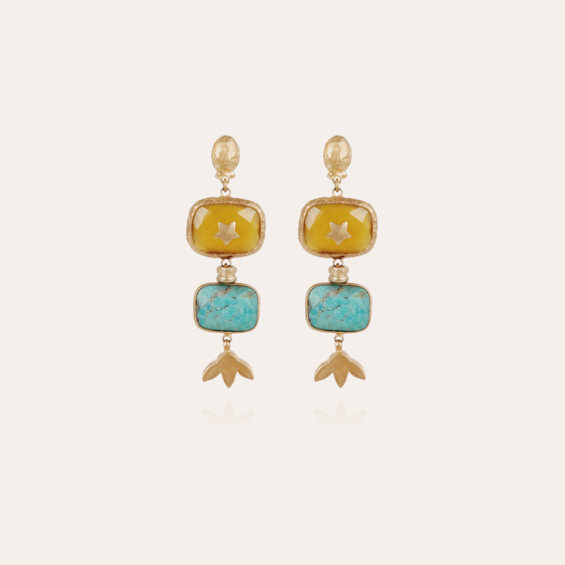 Boucles d'oreilles Silene petit modèle dorées - Calcite jaune & Turquoise