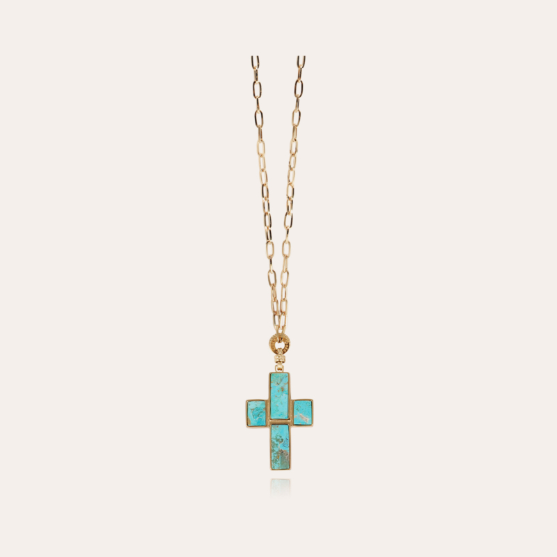 Croix Serti long necklace gold - Turquoise
