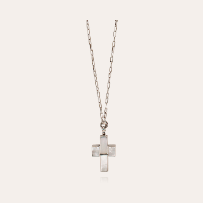 Sautoir Croix pierre argenté - Nacre blanche Métal argenté - Bijoux  Créations femme - Création Gas Bijoux